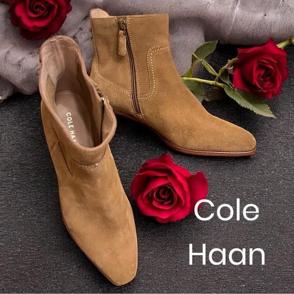 Cole Haan Sz 8 Naia Suede Ankle Booties in GOLDEN TOFFEE Store Return EXCELLENT - Picture 1 of 6